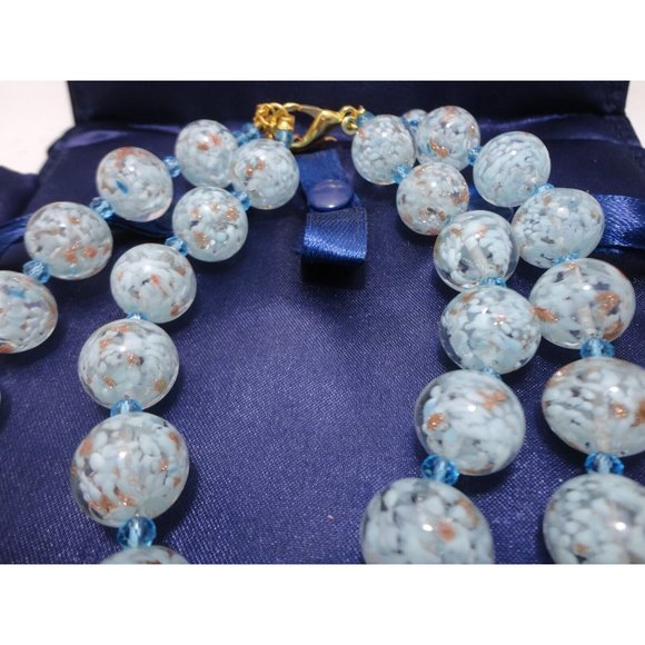 Murano Glass Bead Double Strand Necklace Bracelet Earring Set Blue Gold Stauer - Picture 3 of 11